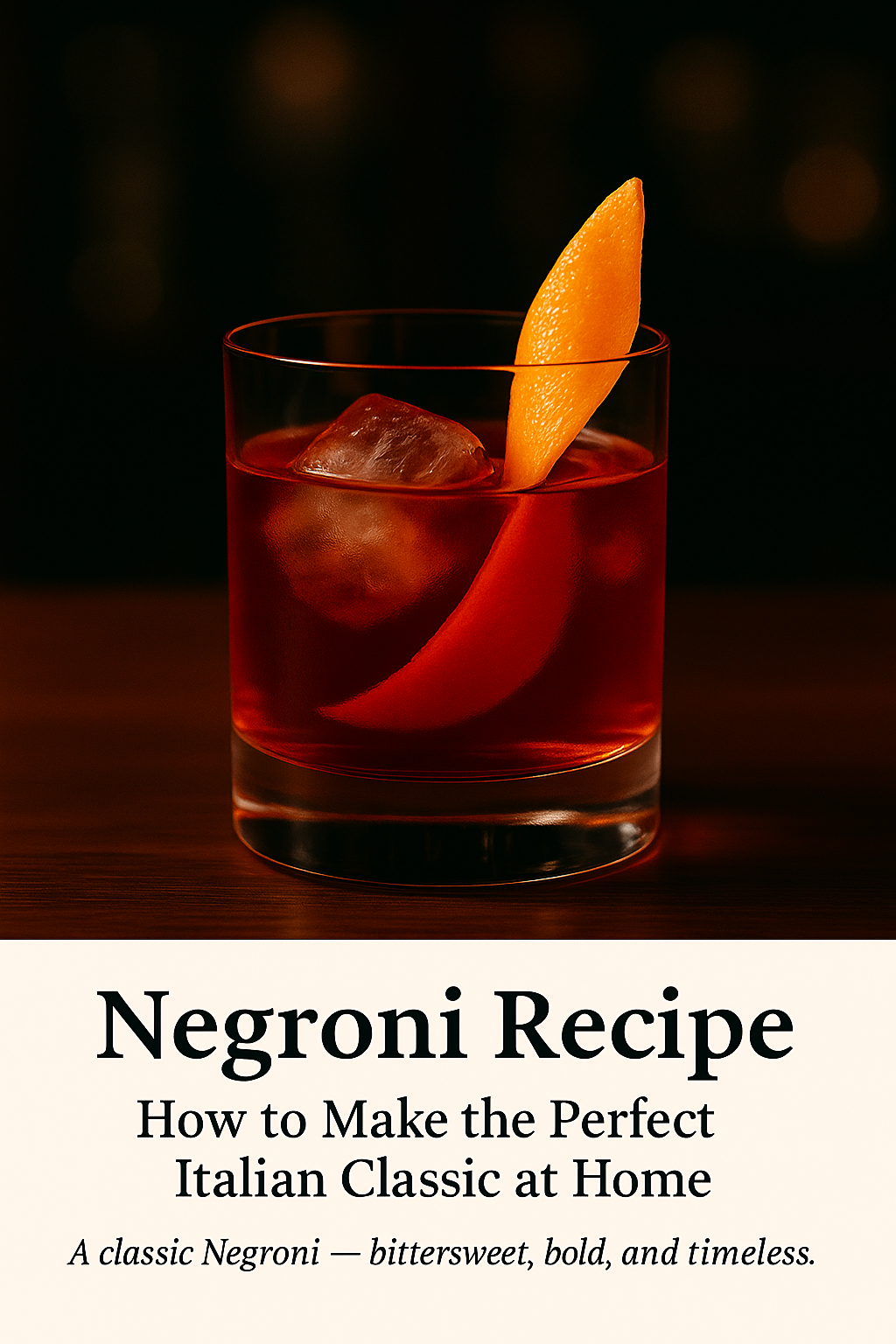 A classic Negroni cocktail served over ice with an orange twist on a marble bar