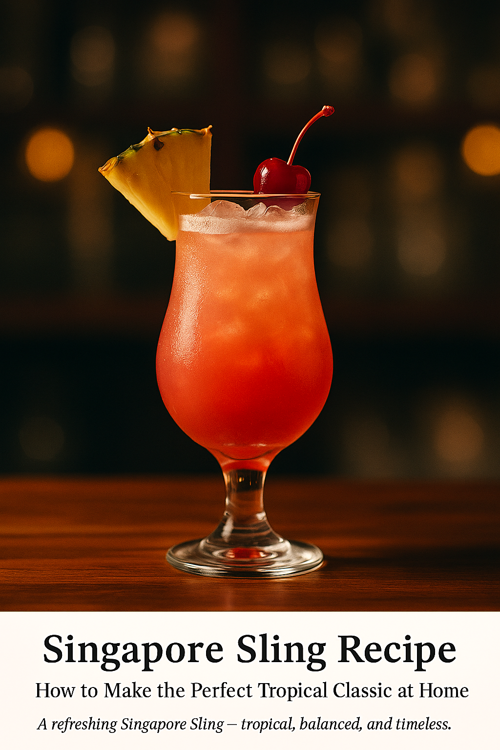 Close-up of a Singapore Sling cocktail with tropical garnish on a marble bar