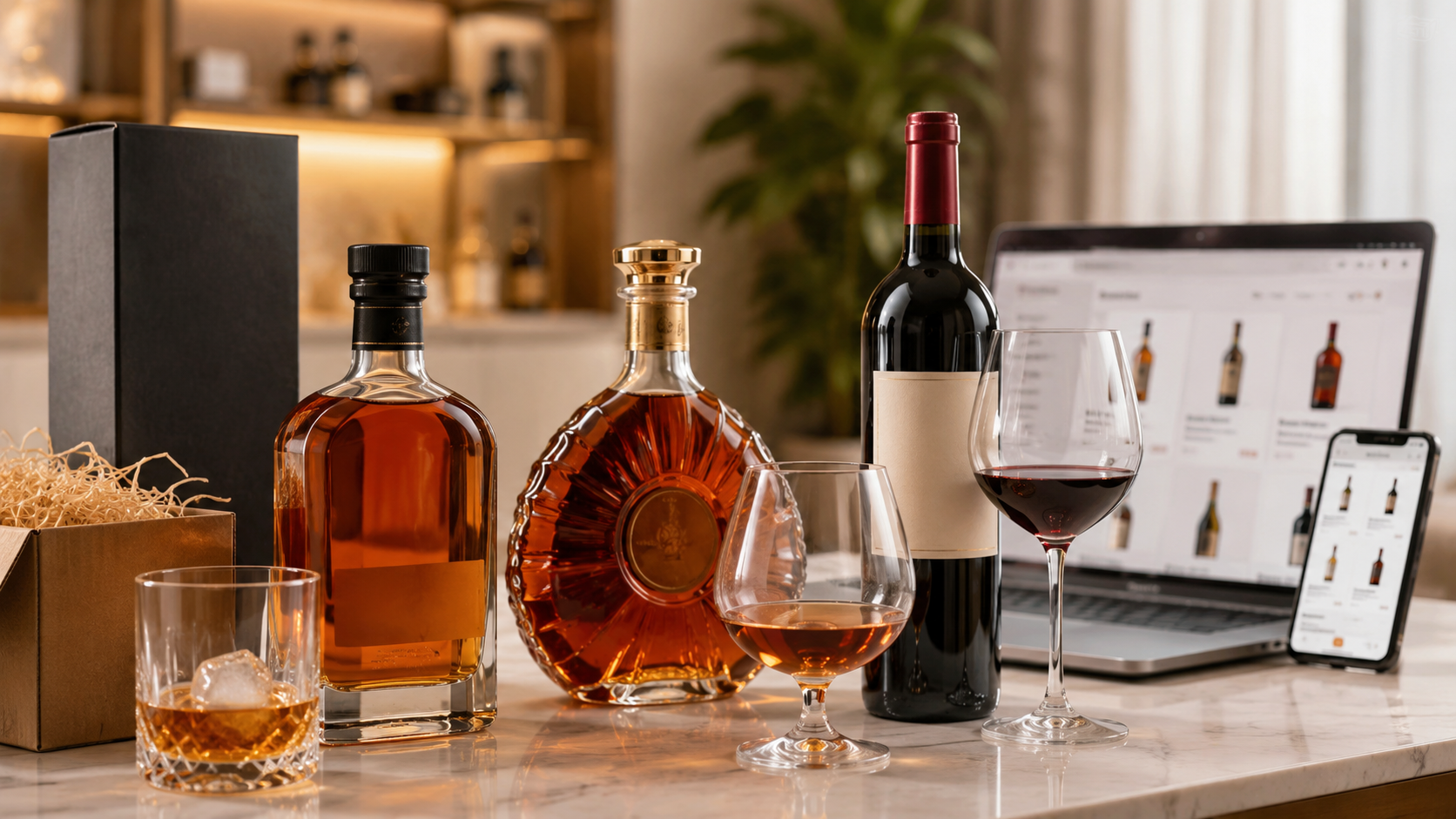 Authentic whisky, cognac and wine bottles arranged beside an online shopping screen for buying alcohol in Malaysia