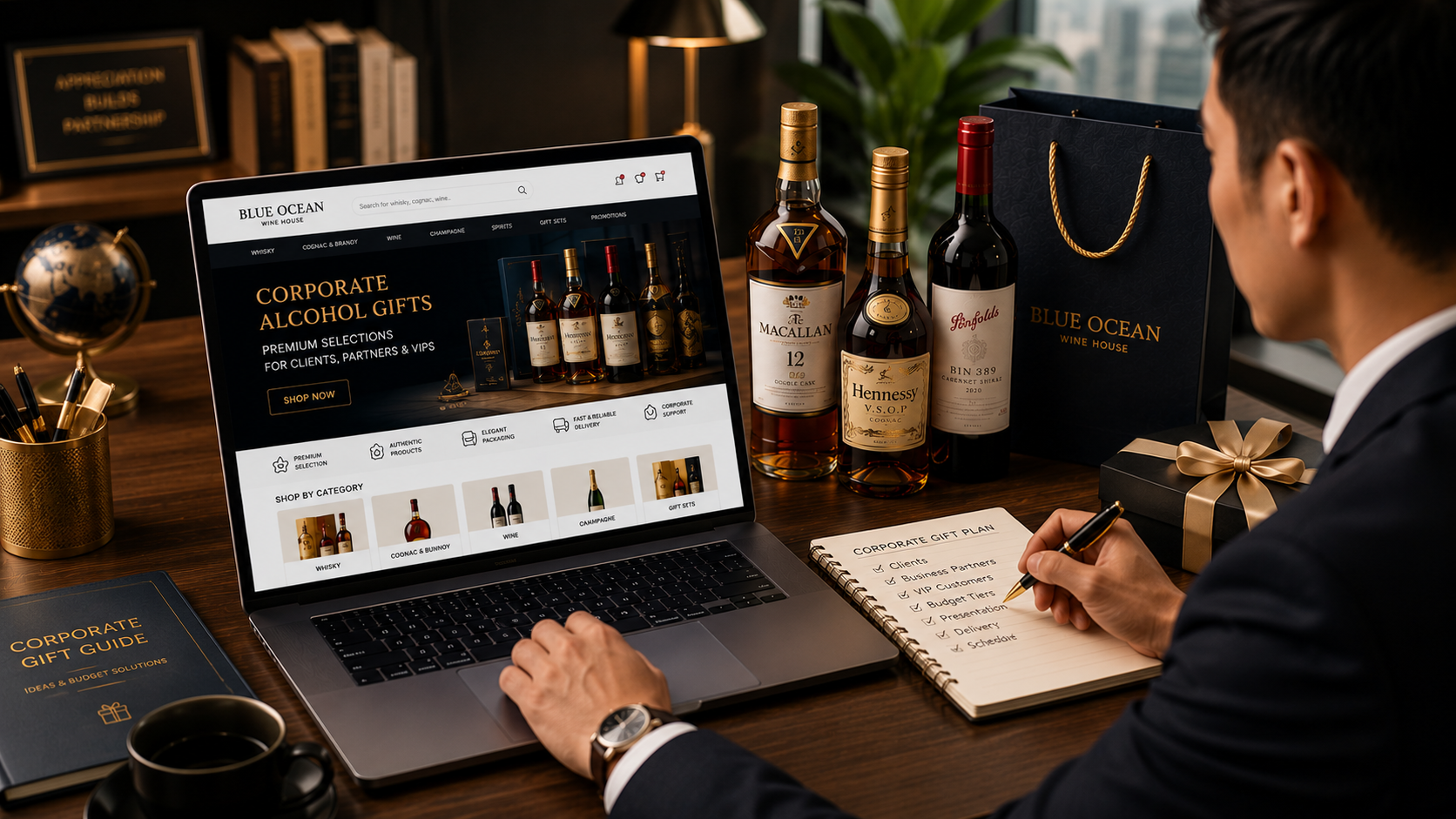 Business professional selecting whisky cognac and wine gifts online in Malaysia