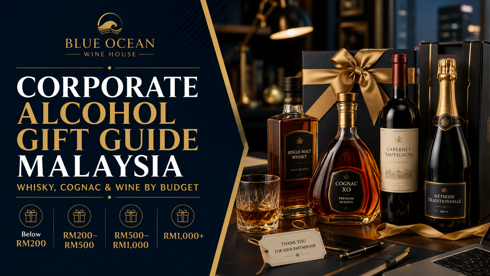 Corporate alcohol gift guide Malaysia featuring whisky, cognac, wine and champagne by budget