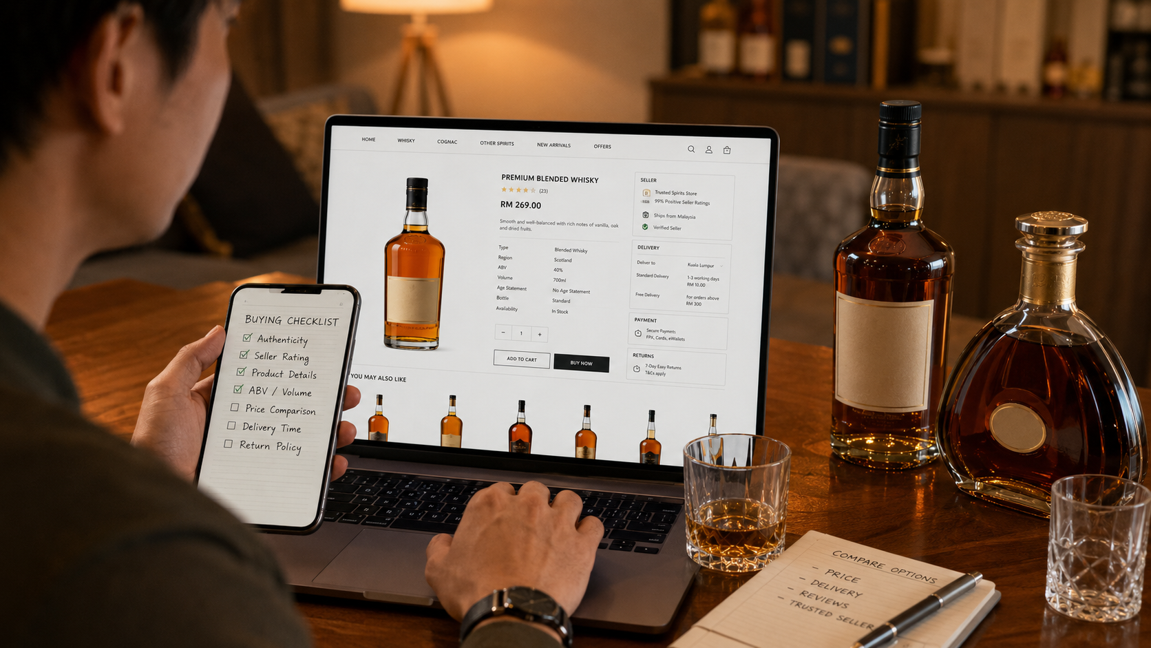 Customer checking whisky and cognac product details online before buying alcohol in Malaysia